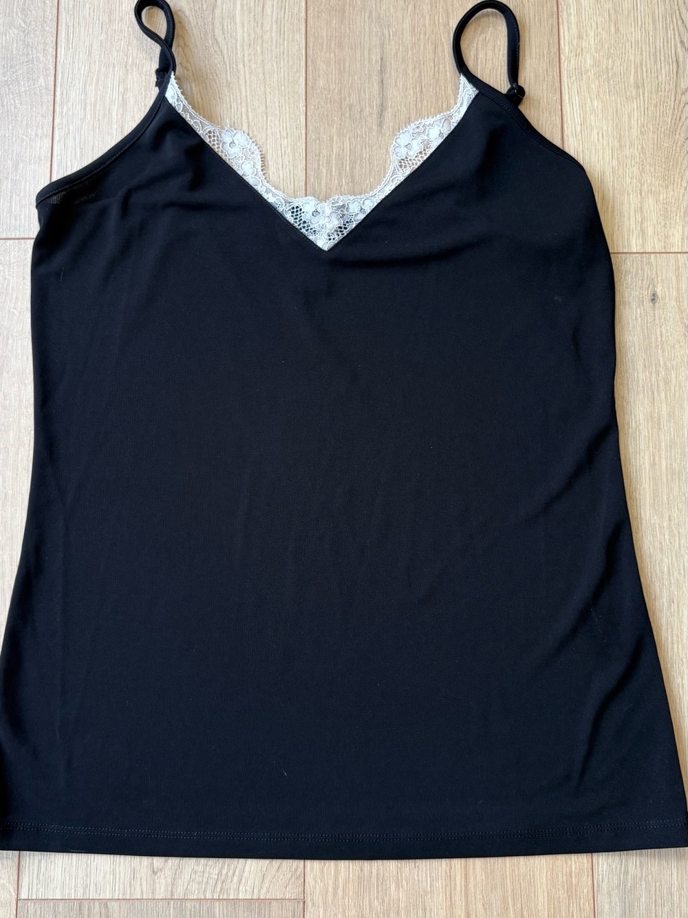 INC International Concepts Black Camisole with White Lace V-Neck Trim